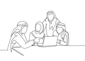 Single continuous line drawing of young muslim manager gives short job brief to team members at team meeting. Arab middle east cloth kandura, robe, hijab. One line draw design vector illustration