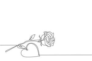 Un dibujo de línea continua de una hermosa flor rosa romántica fresca y una tarjeta de felicitación en forma de corazón. Invitación de moda, logotipo, pancarta, concepto de póster, diseño de dibujo de una sola línea, ilustración gráfica de vector