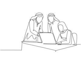 One single line drawing of young happy muslim workers discussing sales marketing strategy. Saudi Arabia cloth shmag, kandora, headscarf, thobe, ghutra. Continuous line draw design vector illustration