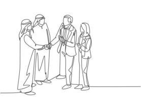 One continuous line drawing of young muslim business man handshake his  business partner. Saudi Arabian businessmen with shemag, scarf, keffiyeh clothing. Single line draw design vector illustration