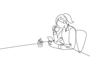 One single line drawing of young female marketing manager chatting with her team member while take a relax at coffee shop. Drinking tea concept continuous line draw vector design graphic illustration