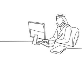 Single continuous line drawing of young male muslim worker typing a business documents on office computer. Arab middle east cloth shmagh, kandura, thawb, robe. One line draw design vector illustration