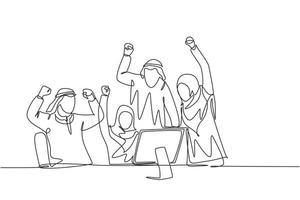 One continuous line drawing of young male and female muslim managers celebrate their target achievement. Islamic clothing shemag, hijab, scarf, keffiyeh. Single line draw design vector illustration
