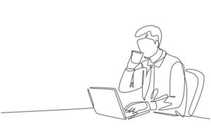 Single continuous line drawing of young happy manager checking report from team member while he enjoy to drink a cup of coffee at office. Drinking tea concept one line draw design vector illustration