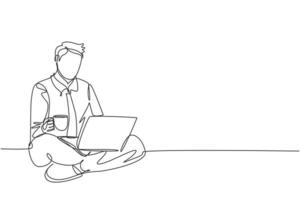 One continuous line drawing of young happy office worker sitting on the floor finish his work while holding a cup of coffee. Drinking coffee or tea concept single line draw design vector illustration