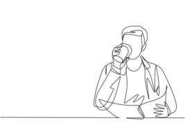 Single continuous line drawing of young happy startup manager reading economic news on business newspaper while holding mug of coffee. Drinking tea concept one line draw design vector illustration