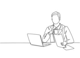 One continuous line drawing of young happy manager reading annual report from public accounting firm while holding a mug of coffee. Drinking coffee or tea concept graphic design vector illustration