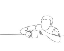 One single line drawing of young desperate worker staring blankly to a mug of coffee while order drink at cafe. Drinking coffee or tea concept continuous line draw symbol design vector illustration