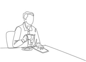 One continuous line drawing of young happy manager thinking about business idea while take a drink at coffee shop. Drinking coffee or tea concept sign single line draw design vector illustration