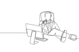 Single continuous line drawing of young happy business man analyzing annual report at computer screen while take a break at office. Drinking coffee concept one line draw design vector illustration