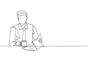 One single line drawing of young happy attractive worker holding coffee mug while reading a newspaper at office. Drinking coffee or tea concept continuous line draw symbol design vector illustration