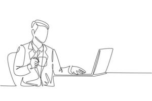 One single line drawing of young happy manager typing on a laptop keyboard while holding a cup of coffee on his hand. Drinking tea concept continuous line symbol draw design vector illustration