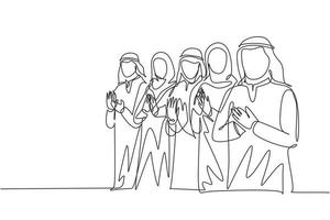 un dibujo de línea continua de una comunidad empresarial musulmana joven, masculina y femenina, aplaudiendo después de la presentación. ropa islámica kandura, hijab, keffiyeh. Ilustración de vector de diseño de dibujo de una sola línea