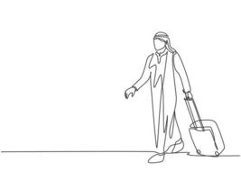 un solo dibujo de línea del joven hombre de negocios musulmán feliz llevando una maleta fuera del aeropuerto. tela de arabia saudita shmag, kandora, pañuelo en la cabeza, thobe. Ilustración de vector de diseño de dibujo de línea continua