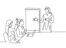 Single continuous line drawing of young male and female muslim businesspeople attending business coaching. Arab middle east cloth shmagh, hijab, thawb, robe. One line draw design vector illustration