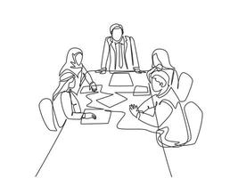 One continuous line drawing of young startup businessman do presentation to muslim investor community. Islamic clothing kandura, scarf, keffiyeh, hijab. Single line draw design vector illustration