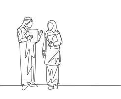 One single line drawing of young muslim manager deliver a job briefing to the female employee. Saudi Arabia cloth shmag, kandora, headscarf, ghutra. Continuous line draw design vector illustration