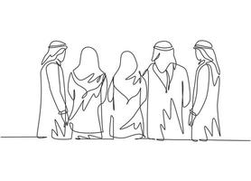 One continuous line drawing group of young muslim businessman and businesspeople standing together from back view. Islamic clothing kandura, scarf, hijab. Single line draw design vectror illustration vector