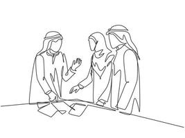 Single continuous line drawing of young muslim startup founder discussing business proposal with team member. Arab middle east cloth kandura, thawb, robe, hijab. One draw design vector illustration