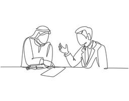 Single continuous line drawing of young muslim discussing business deal  project with his colleague. Arab middle east cloth shmagh, kandura, thawb, robe, hijab. One draw design vector illustration