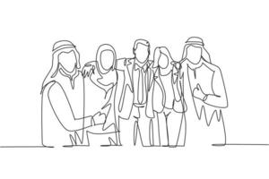 One continuous line drawing of young male and female muslim businesspeople embracing shoulder each other. Islamic clothing shemag, hijab, scarf, keffiyeh. Single line draw design vector illustration