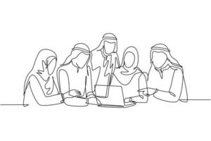 One continuous line drawing group of young muslim marketing managers talking strategy to increase product sales. Islamic clothing kandura, scarf, hijab. Single line draw design vector illustration