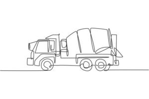 One single line drawing of truck mixer for mobile mixing cement vector illustration, commercial vehicle. Heavy machines vehicles construction concept. Modern continuous line graphic draw design