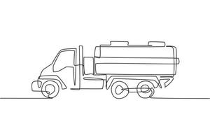 Single continuous line drawing of tanker truck for delivering gasoline to gas station. Heavy diesel container machines equipment concept. Trendy one line draw design vector illustration graphic
