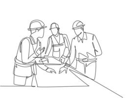 One continuous line drawing of young architects discussing construction design blueprint at office meeting. Building architecture business concept. Single line draw vector graphic design illustration