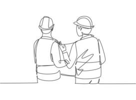 Single continuous line drawing of young company manager presenting proposal construction plan to the investor. Building architecture business concept. One line draw vector graphic design illustration