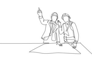 Single continuous line drawing of young construction manager giving instruction to builder coordinator at site meeting. Building architecture business concept. One line draw design vector illustration