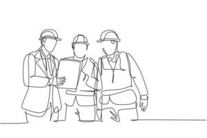One continuous line drawing of young managers explaining short brief about construction concept to construction builders. Building architecture business concept. Single line draw design illustration vector