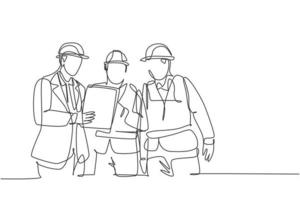 One continuous line drawing of young managers explaining short brief about construction concept to construction builders. Building architecture business concept. Single line draw design illustration vector