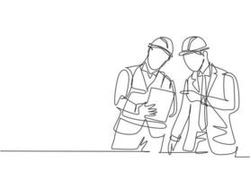 One single line drawing of young construction manager giving instruction to foreman coordinator. Building architecture business concept. Continuous line draw design vector graphic illustration