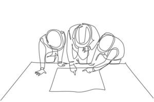 One single line drawing of young architects and manager meeting at construction site to discuss draft blueprint design. Building architecture business concept. Continuous line draw design illustration vector