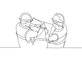 One continuous line drawing of young architect meeting at construction site to talk blueprint design to team member. Building architecture business concept. Single line draw design vector illustration