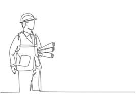 One continuous line drawing of young architect holding roll papers of draft sketch blueprint design. Building architecture business concept. Single line draw design vector graphic illustration