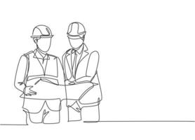 One single line drawing of young manager listening construction concept presentation from architect. Building architecture business concept. Continuous line draw design illustration vector