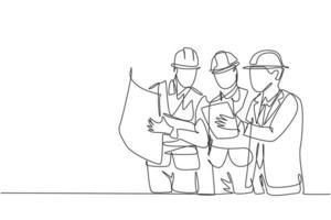 One continuous line drawing of young architect, manager and engineer meeting at building construction site. Building architecture business concept. Single line draw design illustration vector