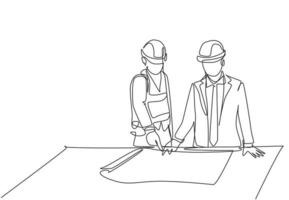 One single line drawing of young architect explaining sketch construction design to the manager. Building architecture business concept. Continuous line draw design illustration vector