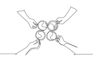 One continuous line drawing of young male and female business people team members hands cheering with glass of coffee from top view. Single line draw design graphic vector illustration