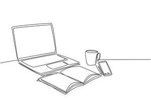 un dibujo de una sola línea de computadora portátil, teléfono inteligente y una taza de café y en el escritorio de la oficina de negocios. concepto de mesa de espacio de trabajo. línea continua dibujar diseño gráfico ilustración vectorial