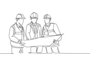 One continuous line drawing of young construction coordinator discussing construction design plan to team member. Building architecture business concept. Single line draw design graphic illustration vector