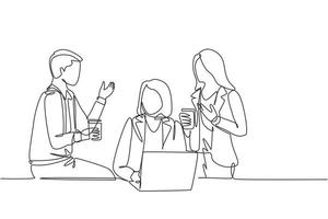 One single line drawing of young male and female human resource managers discussing about recruiting new team member workers. Continuous line draw design vector graphic illustration
