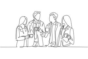 One single line drawing of young male and female office employees discussion together while office break time. Business talk concept. Continuous line draw design vector graphic illustration