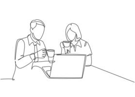 One single line drawing of young male and female marketing team members discussing promotion strategy while work meeting. Continuous line vector draw graphic design illustration