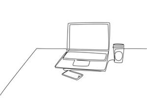 Single continuous line drawing of computer laptop, smartphone, and paper cup of coffee at business office desk. Work space table concept. One line draw vector design graphic illustration