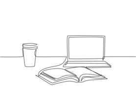 Single continuous line drawing of computer laptop, paper cup of coffee and open book on study table. College student study desk concept. One line draw design illustration vector