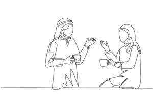 One continuous line drawing of young muslim and muslimah couple talking together while enjoying a cup of coffee drink. Saudi Arabian with kandura, hijab and veil. Single line draw design illustration vector