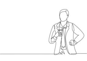 Single continuous line drawing of young handsome businessman holding a cup of coffee drink while pose standing at office corridor. Drinking tea concept one line draw design vector graphic illustration